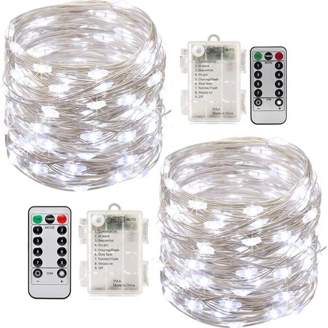 Guirlande Led - 100 Led - Piles - Minuterie - Télécommande - Ip65 Étanche - Intérieur Extérieur - Blanc - 10 M (1/5)