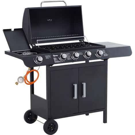 Outsunny Gasgrill 14,4 KW Grillwagen inkl 5 Edelstahl-Brenner Thermometer Kochplatte Flaschenöffner Seitenablagen,BBQ Gartengrill für Balkon 125 x 51 x 100 cm (1/5)