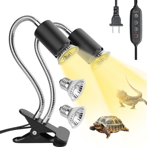 Lampe Chauffante Tortue à Deux Têtes, Lampe Chauffante Terrarium E27 Reptiles Lampe Tortue Terrestre avec Ampoule UVA UVB 25W 50W et Minuterie Pince Rotative à 360° pour Serpents Caméléon (1/5)