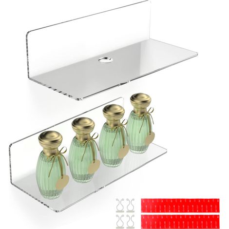 2PCS Étagère Murale Flottante en Acrylique, 239.5cm, Etagere Adhésive sans Percer avec 4 Clips Câble, Petite Étagère pour Bureau, Salle de Bain, Cuisine, Chambre à Coucher, Transparent (1/5)