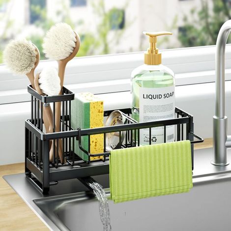 Porte-Éponge Auto-Drainant pour Évier de Cuisine – Panier Organisateur en Acier Inoxydable avec Support pour Brosse et Torchon – Noir (1/5)