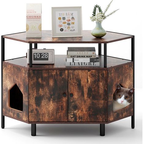 Corner Cat Litter Box Enclosure Cat House Cabinet Hidden Kitten Washroom-Coffee (1/5)