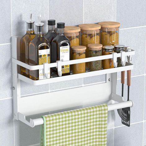 Étagère à épices murale avec porte-serviettes de cuisine et 4 crochets, montage sans perçage en acier inoxydable, étagère murale suspendue pour cuisine et salle de bain Blanc (1/5)