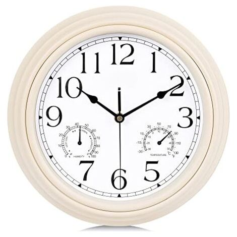 Horloge Murale avec Thermomètre et Hygromètre Pendule Rétro pour Salon Cuisine 30cm (Blanc)