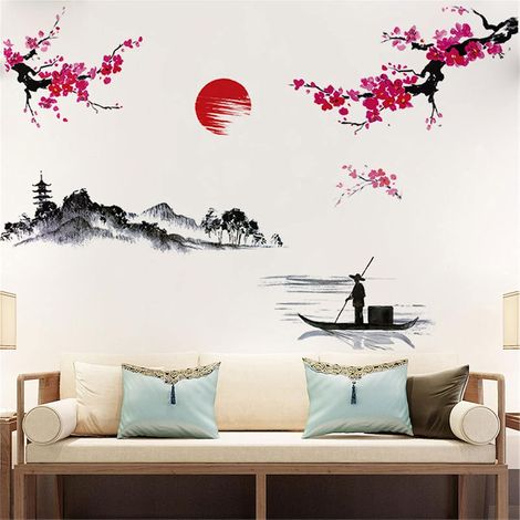 BEBUSINGOTO hojas de pegatinas de pared con diseño de paisaje de tinta salpicada de estilo japonés, calcomanías de pared de flor de cerezo roja, extraíbles, despegables y adhesivas, mural de pescador  (1/5)