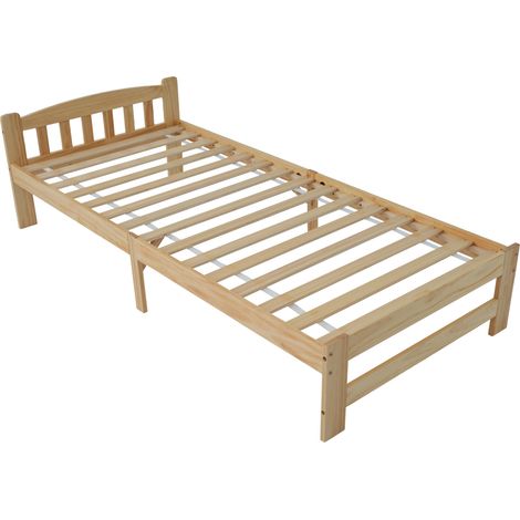 Letto singolo in legno di pino naturale 90x200 cm con testiera e rete a doghe (1/5)