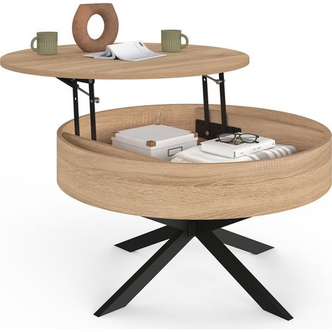 Table basse plateau relevable ronde ALIX 70 cm pied araignée bois et noir (1/5)