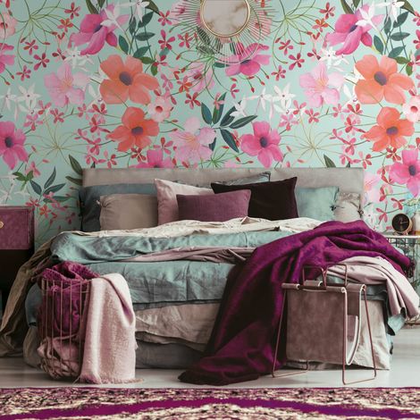 Photo wallpaper Profhome 391951 hot embossed non-woven wallpaper smooth with floral pattern matt turquoise green fuchsia purple 1.59 m x 2.8 m (1/3)