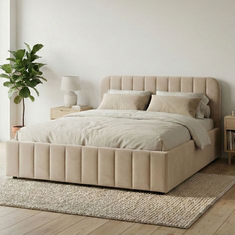 Lit coffre 140x190 velours écru avec tête de lit Terre de Nuit (1/5)