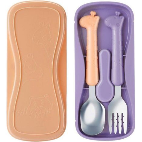Couverts Enfant Inox Girafe, Cuillère Fourchette Valise Rose Violet (1/5)