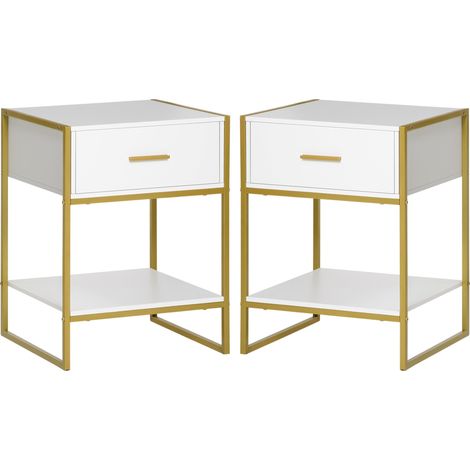Set 2 Comodini Moderni con Cassetto e Ripiano Aperto 45x40x60 cm in MDF e Acciaio Bianco e Oro (1/5)