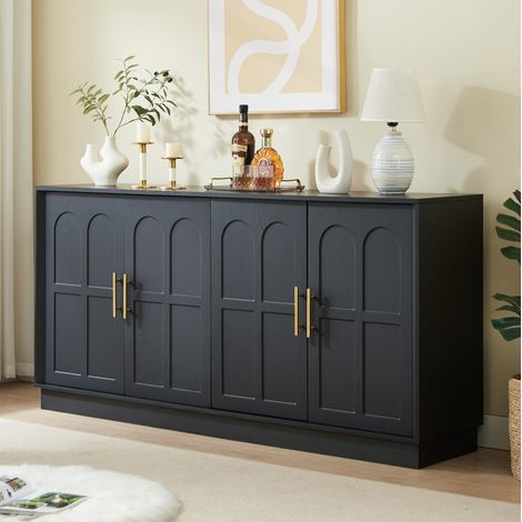 Buffet 169x40x80 cm noir en MDF avec rangement modulable et portes courbes (1/5)