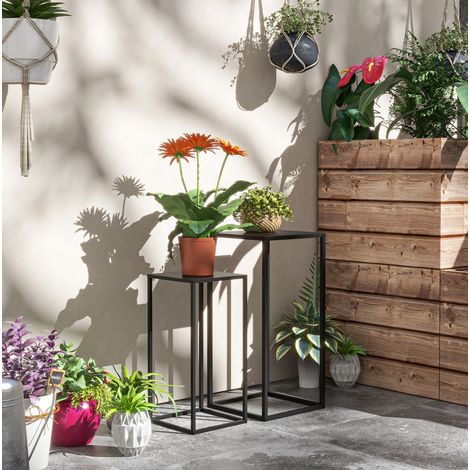 Lot de 2 supports pour plantes en acier noir, gigognes, pour balcon, jardin ou terrasse, dimensions 25 × 25 × 58,5 cm et 31 × 31 × 65 cm, charge 5 kg par support - CHICFURN (1/5)