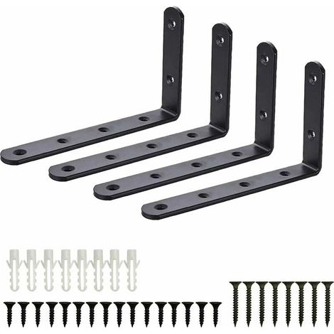 Équerres de Fixation, 4pcs Supports Angulaires Équerre Support Garage Mural en Acier Inoxydable Étagère, Equerre Murale Noir en Forme de L, DIY Industriel pour Meubles Décoration Connexion avec Vis (1/5)