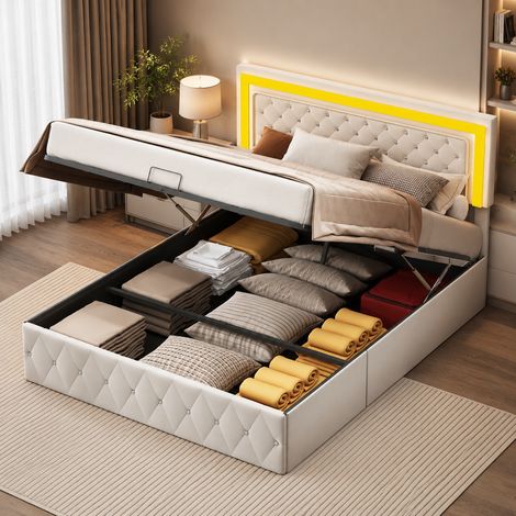 Lit coffre 160x200 cm, lit double avec rangement hydraulique, sommier à lattes et tête de lit, pour adolescents et adultes, beige velours (1/5)