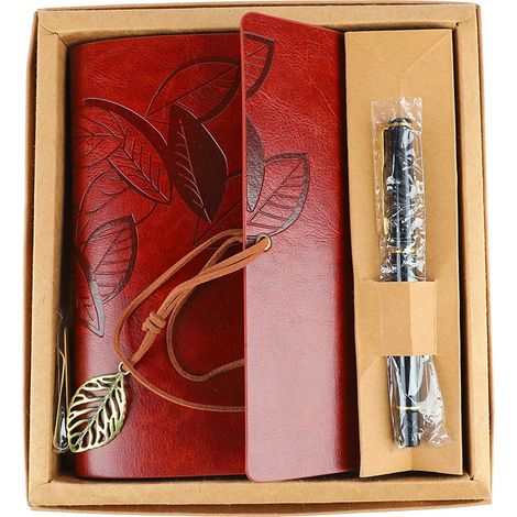 Carnet à couverture en cuir PU motif feuilles, papier ligné épais anti-encre avec étui à stylo, marron, pour école et bureau (1/5)