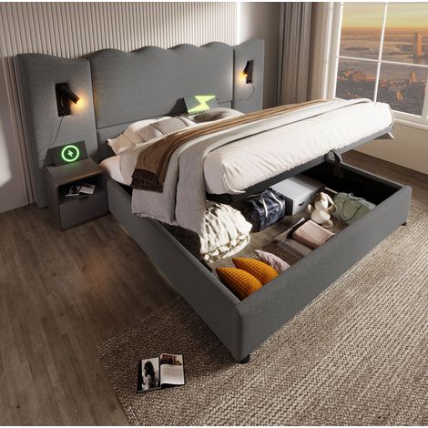 Bettgestell 180x200 cm grau aus Leinen mit Leselampe, USB-C und Stauraum (1/5)