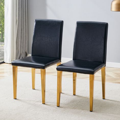 Chaise salle à manger minimaliste noire et or cuir PU pieds métal doré brillant ensemble 2 pièces