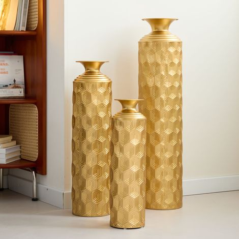 Vases de sol en métal doré, lot de 3, vases à motif alvéolaire semi-fabriqués à la main, vases décoratifs modernes pour salon, couloir, entrée, hauteur 50/65/85 cm (1/5)