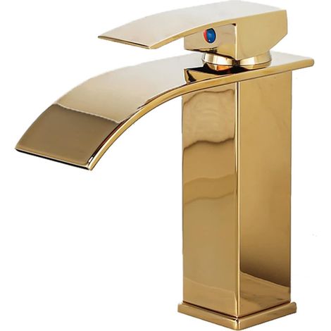 Robinet de salle de bain au design moderne, couleur or, durable, réglage de l'eau chaude et froide - modèle bas de 18 cm (1/5)