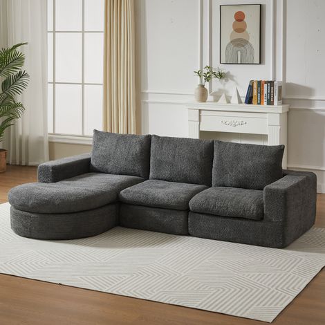 Canapé d'angle modulaire avec méridienne réversible, 4 modules, coussins et appuie-tête, chenille gris- Accoudoir droit (1/5)