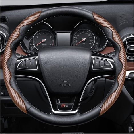 Carbon Fiber Process Universal Segmented Steering Wheel Protector, Carbon Fiber Car Steering Wheel Cover for Cars and Trucks, Carbon Fiber Steering Wheel Cover (Brown) (1/5)