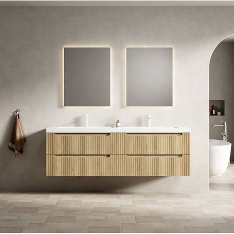 Hängender Badunterschrank 160 cm mit Doppelwaschbecken aus Kunststein und 4 Schubladen (1/5)