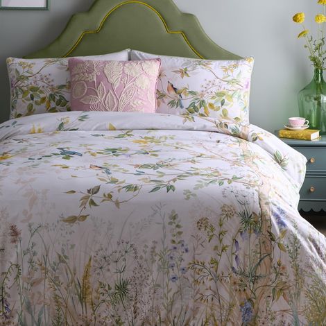 Housse de Couette Feuillage et Oiseaux de Jardin Lit Double 200 x 200 cm 200 Fils au Pouce carré Bord passepoilé 100% Coton Doux 2 taies d'oreiller Housse de Couette Florale (1/5)