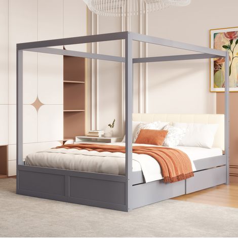 Cama infantil 140/200 cm gris de madera con cajones y respaldo tapizado (1/5)