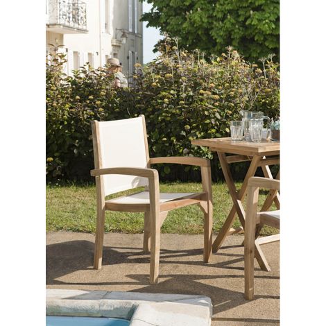 FUN - Ensemble de 2 fauteuils de jardin bois teck / textilène blanc (1/4)