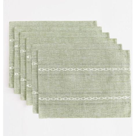 6-teiliges Set Tischsets aus Leinen und Baumwolle, 30 x 45 cm, Landhausstil, mit durchbrochenen Nähten. Hitzebeständig und für den Küchentisch geeignet. Graugrüne Farbe. (1/5)
