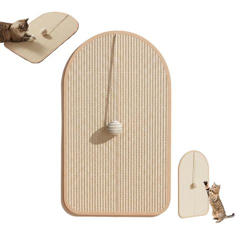 Tapis à griffer pour chat - Tapis à griffer auto-adhésif en sisal avec balle suspendue - Fixation murale - 55 × 33 cm - Idéal pour les chats, protège canapés et meubles - Beige (1/5)