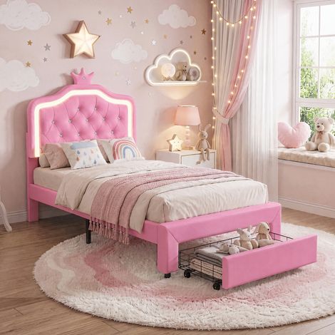 JOOKGBD-Kinderbett Polsterbett 90 x 200 cm,Einzelbett 90 x 200 cm mit LED, Mädchenbett mit 1 Schublade und höhenverstellbarem Kopfteil,Prinzessinnenbett in Kronenform,Lattenrost,PU,Rosa