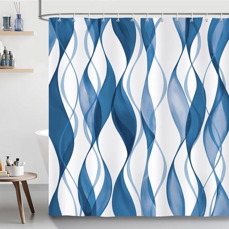 e Rideau de Douche Rayures Bleu Abstrait Moderne Rideau de Bain Tissu Polyester Anti Moisissure Imperméable Lavable Rideaux Salle de Bain 180 x 180 cm avec 12 Crochets pour Baignoire (1/4)