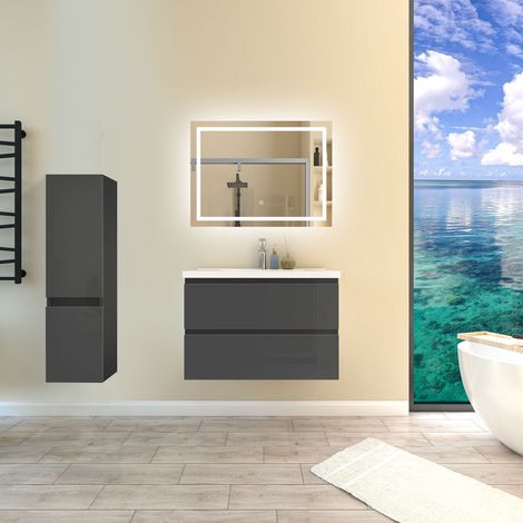 Ensemble de meubles de salle de bain Brillance Anthracite 80cm, Vasque Céramique + 110cm Colonne + Miroir Lumineux Mural