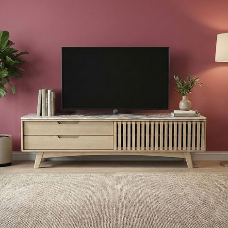 Meuble TV 160x35x45cm en bois de manguier naturel et terrazzo - KYOJO