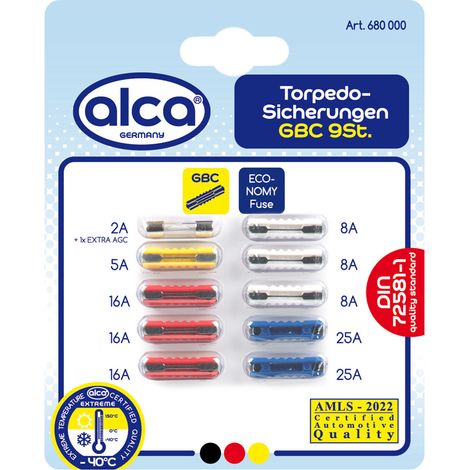 alca® Torpedo-Sicherungen  2A - 25A 10St. Blister + 1 Feinsicherung Auto Abschmelzsicherungen Set Torpedosicherungen Kfz 2A 5A 8A 16A 25A Sortiment