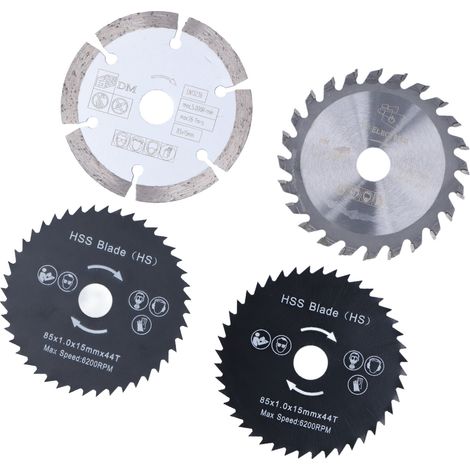 Lot de 4 lames de scie circulaire mini en acier allié pour bois plastique PVC alu cuivre outil rotatif 85mm trou 15mm (1/5)
