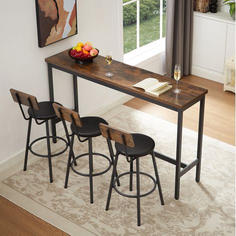 Conjunto de barra de 160 cm con 3 taburetes, madera y acero, marrón rústico y negro (1/5)