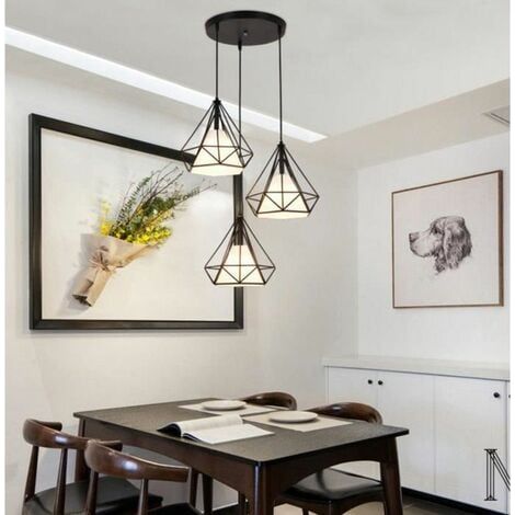Suspension Cage Forme Diamant Contemporain 25cm Corde Ajustable Luminaire Lustre en Fer Salle à Manger Bar Chambre Noir (1/5)