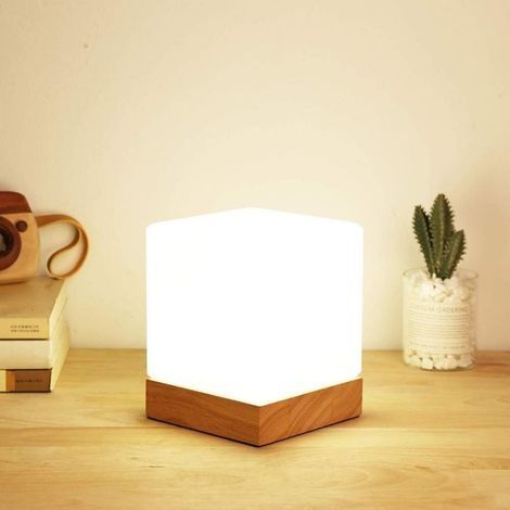 Minimaliste Nordique Créative Lampes de Table, Lampe de Chevet En Bois Carré En Verre Blanc, Lampe de lecture de protection des yeux, avec Interrupteur, Veilleuse d'éclairage décoratif (Carré) (1/5)