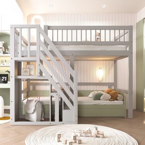 Lit superposé en bois massif , avec barrière de sécurité haute, sommier à lattes, échelle de sécurité avec espace de rangement, tiroirs de rangement, lit enfant/adolescent