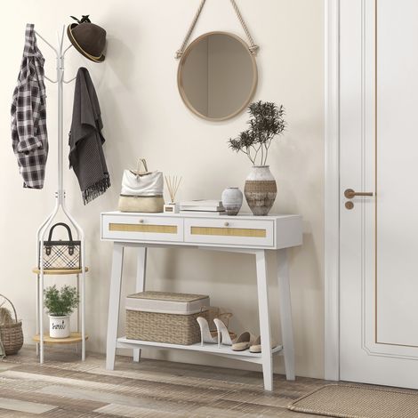 Table Entrée Console Couloir Tiroirs Rotin Étagère Ouverte Rangement Travail Blanc 100x30x81cm