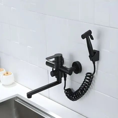 Robinet mural de cuisine haut de gamme en acier inoxydable noir, installation facile, double contrôle de température, bec allongé pour un nettoyage complet - Élégance et durabilité (1/3)