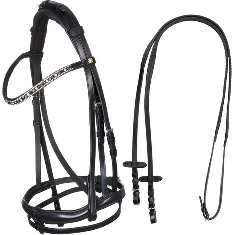 FULL, Nero: Briglia inglese in cuoio con strass bicolore su frontalino