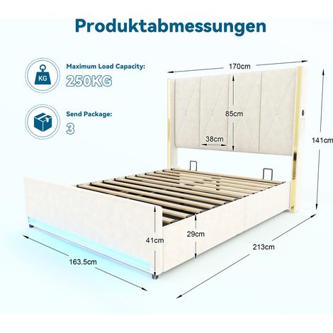 Lit en velours 160 × 200 cm avec tête de lit haute matelassée, rangement hydraulique, poches latérales, USB et LED (1/4)