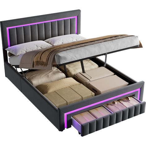 Cama tapizada 160x200 cm de terciopelo gris oscuro con cajones, iluminación LED regulable y somier de láminas reforzado – CHICFURN para dormitorio moderno (1/5)
