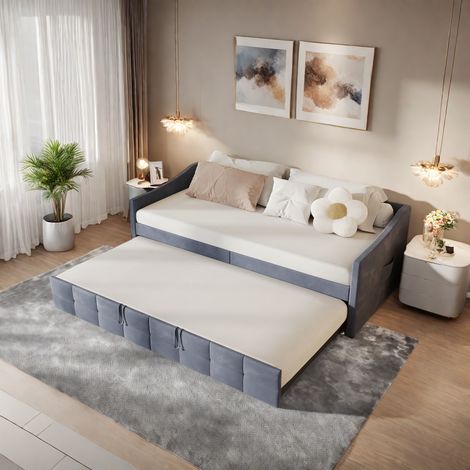 Letto estraibile / Divano letto 90 x 200 cm, allungabile, con schienale e braccioli, rete a doghe in legno, velluto grigio (1/5)