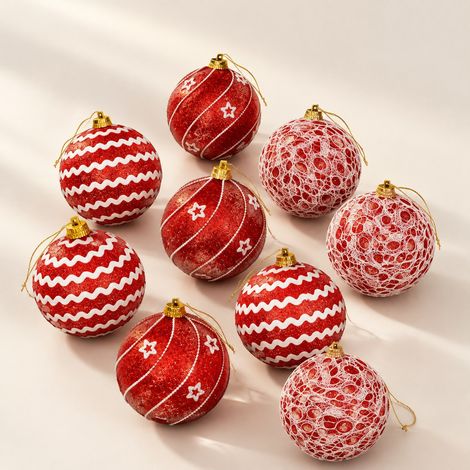 Enowelir Boules de Noël 9pcs Finition Pailletée avec Séparateurs Décoration Sapin Rouge pour Maison Extérieur (1/4)