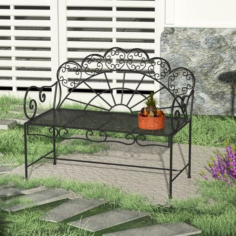 Outsunny 2-Sitzer Gartenbank robust, Parkbank rostfrei Sitzbank Bank Gartenmöbel für Terrasse, Garten und den generellen Außenbereich 107cm x 55,5cm x 92cm, Schwarz (1/5)